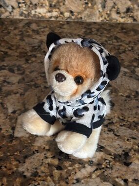Gund Cream Plush Puppy Itty Bitty Boo in Black and White Leopard Hoodie